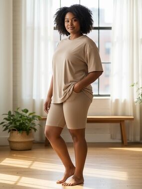 Fashion Nova Beige Crewneck Tee And Biker Set